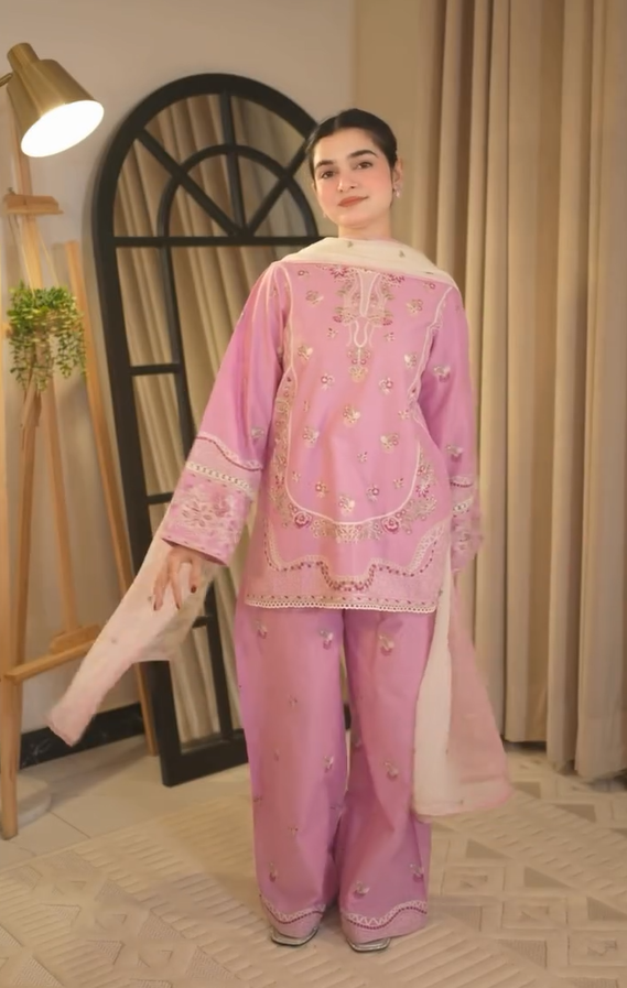 Pink 3 Pcs Embroidered Dress