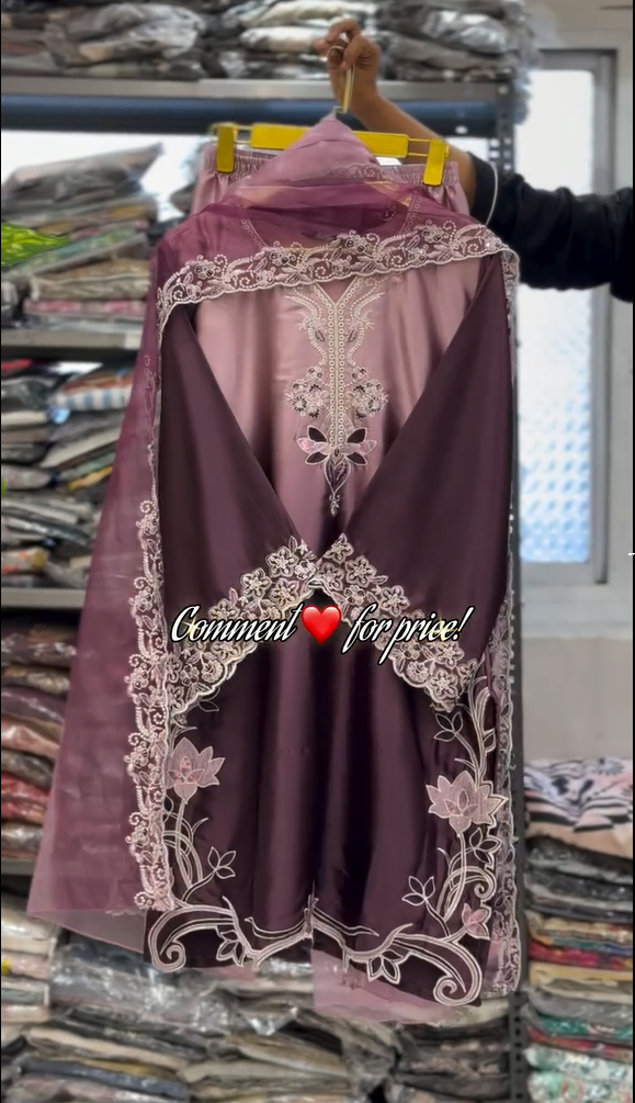 Stunning Satin Dual Shade Embroidered 3Pcs Dress