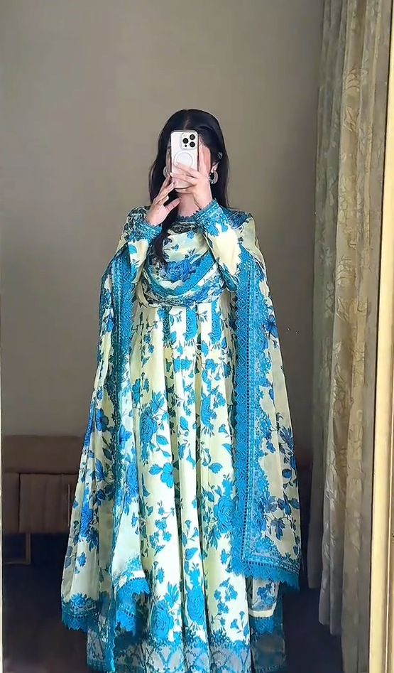 Riwaj Stitched Lawn Print Emb Frock 3pc Chiffon Duppata