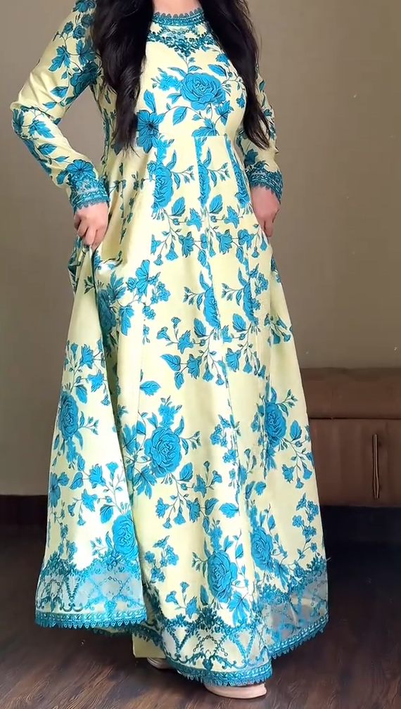Riwaj Stitched Lawn Print Emb Frock 3pc Chiffon Duppata