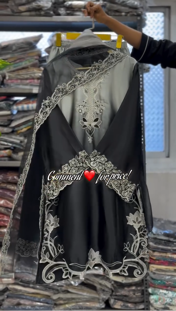 Stunning Satin Dual Shade Embroidered 3Pcs Dress