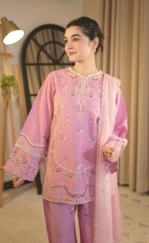 Pink 3 Pcs Embroidered Dress